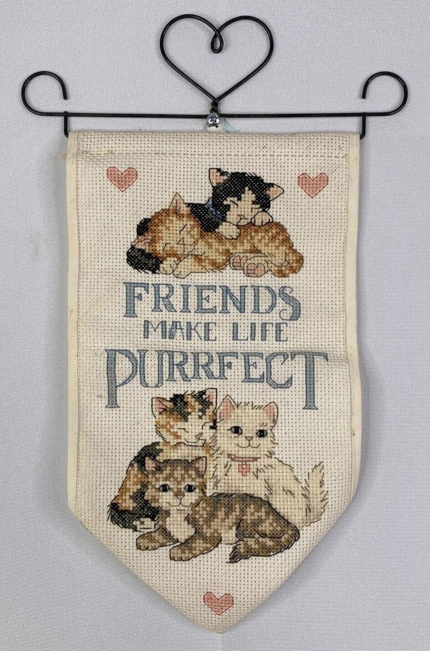 vintage handmade CATS cross stitch art friendship finished complete cat lady
